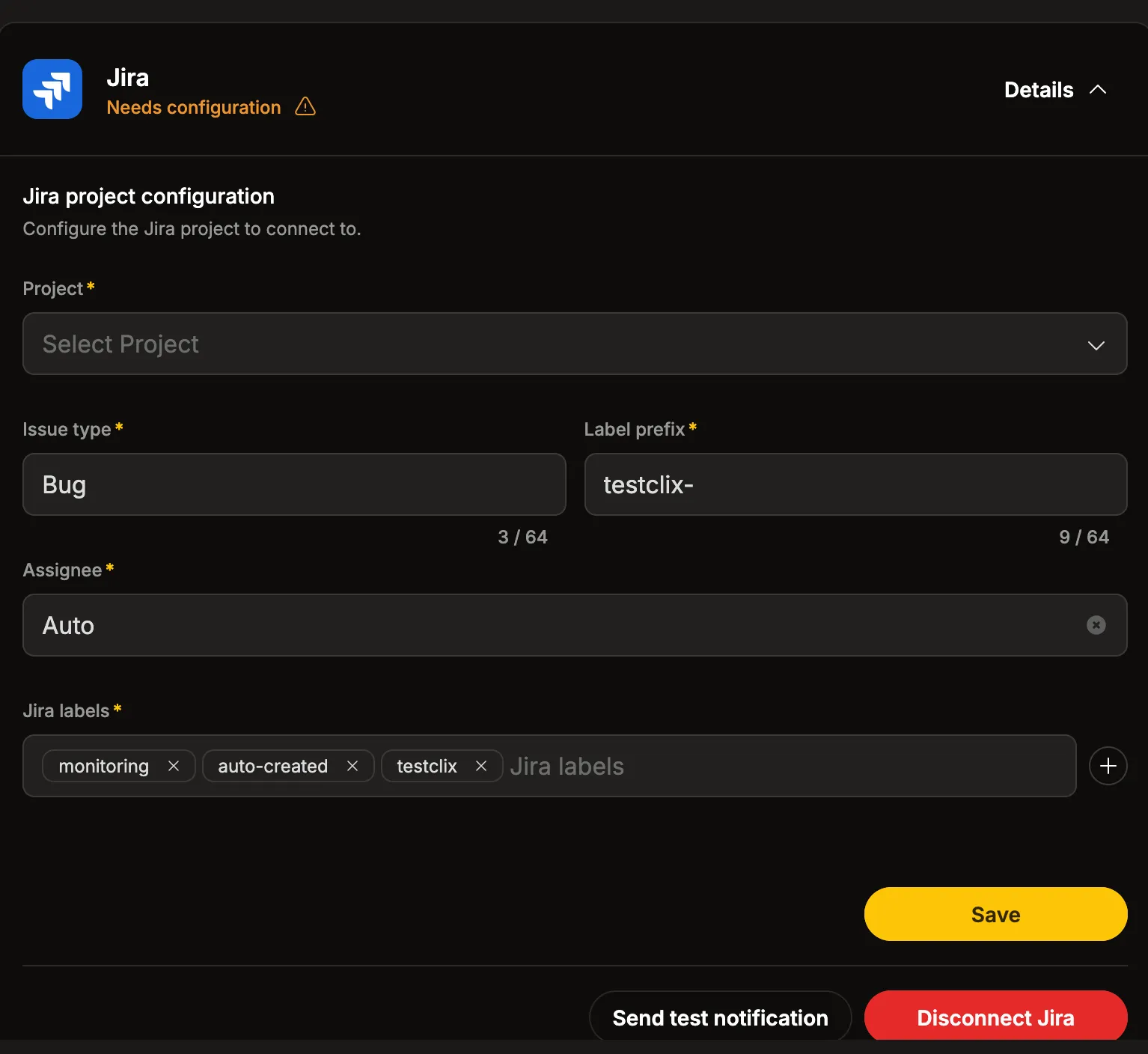Jira configuration panel