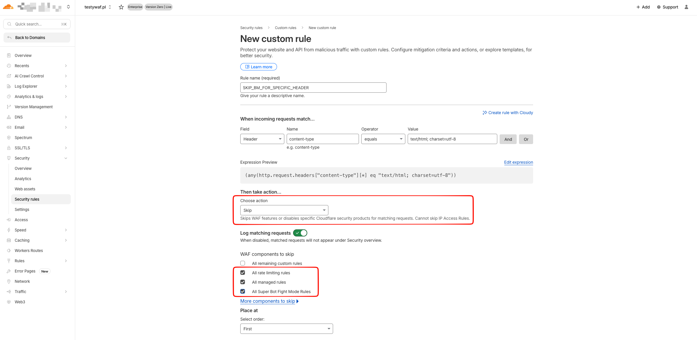 Cloudflare rule action and skip options