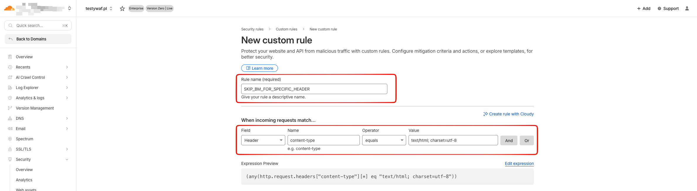 Cloudflare rule name and matching criteria