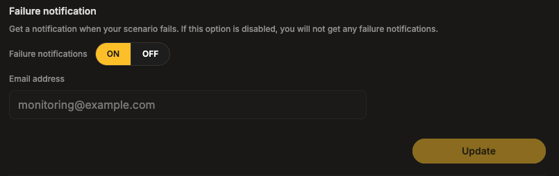 Failure notifications configuration view