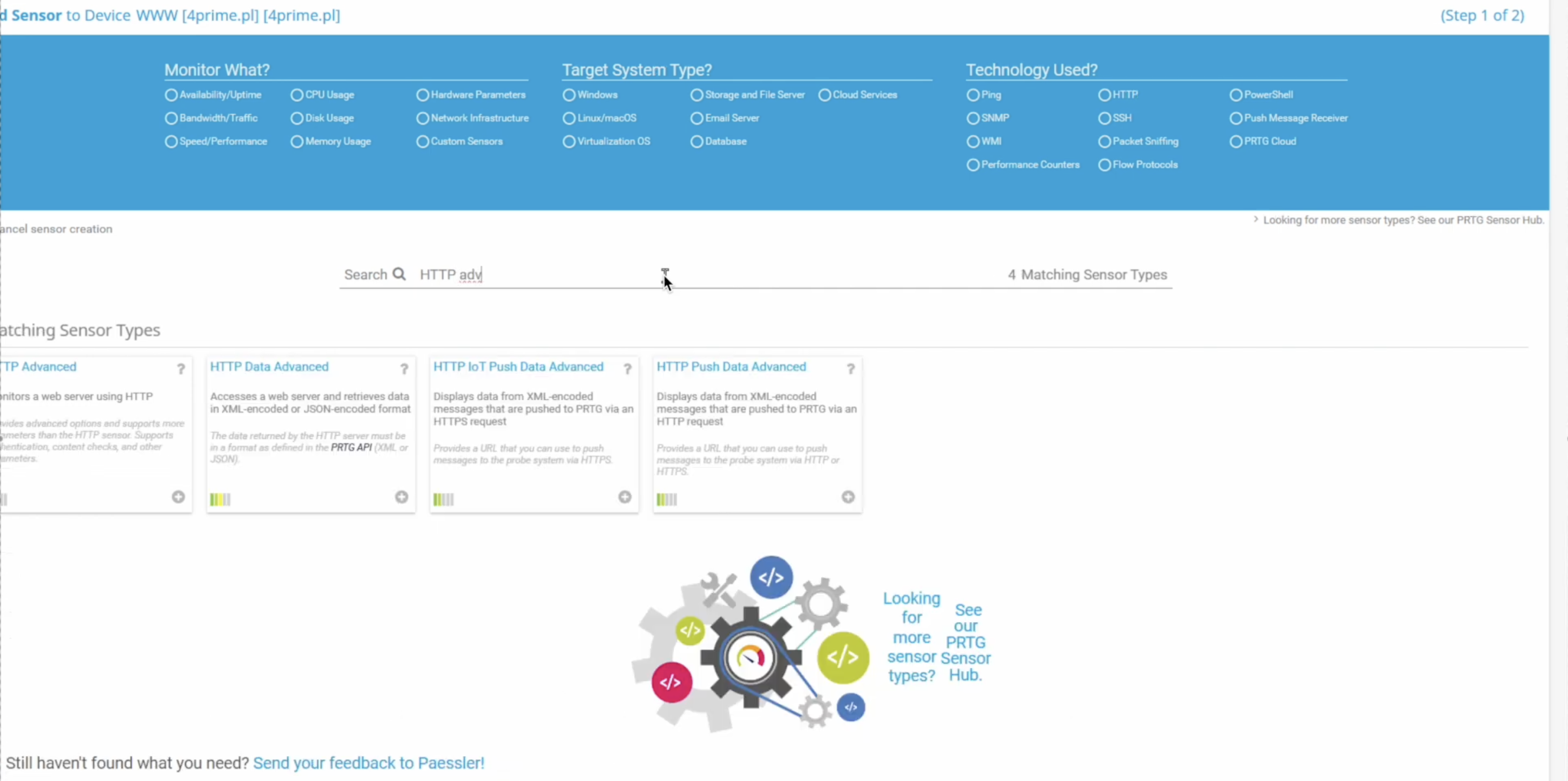 PRTG Add Sensor search showing HTTP Advanced sensor type