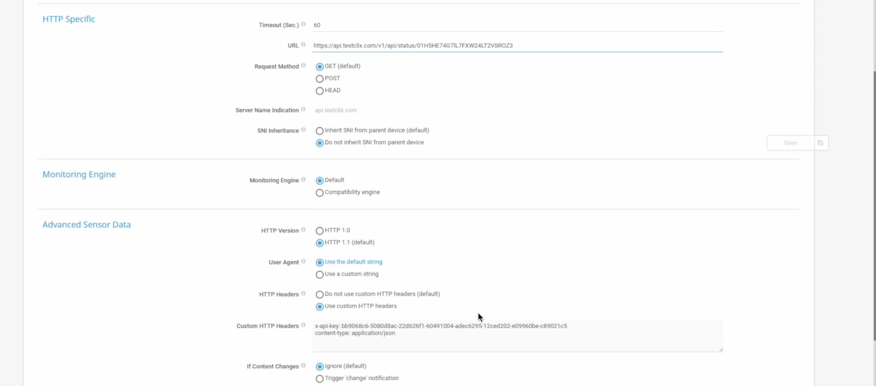 PRTG HTTP Specific settings showing URL and custom HTTP headers