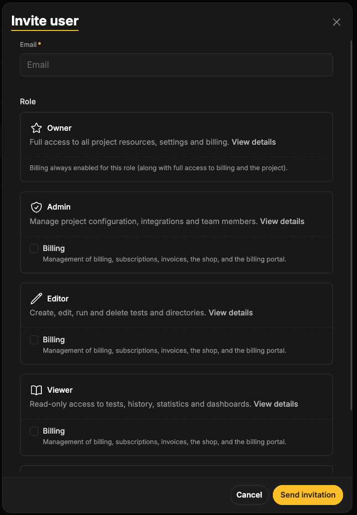 Invite user dialog with role selection