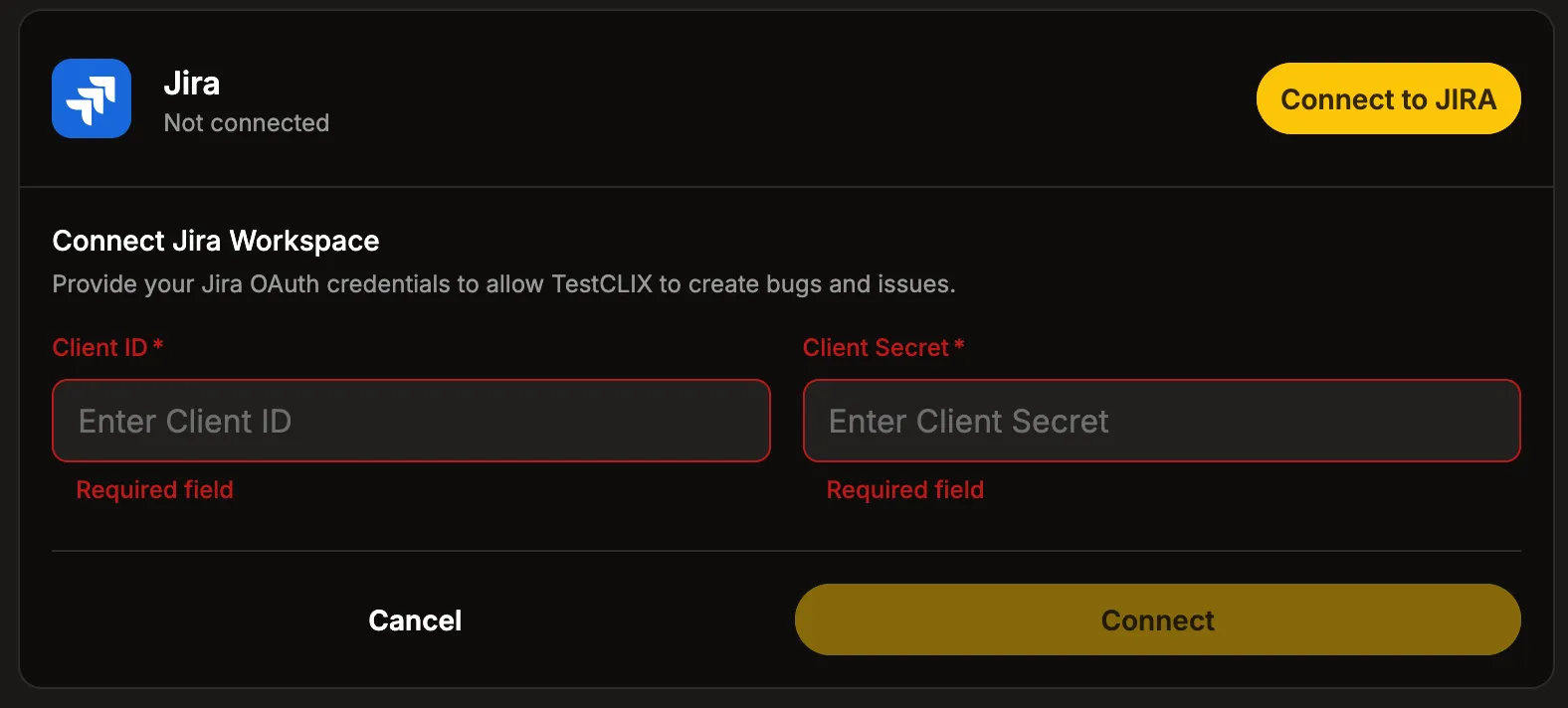 Jira connect dialog asking for Client ID and Client Secret
