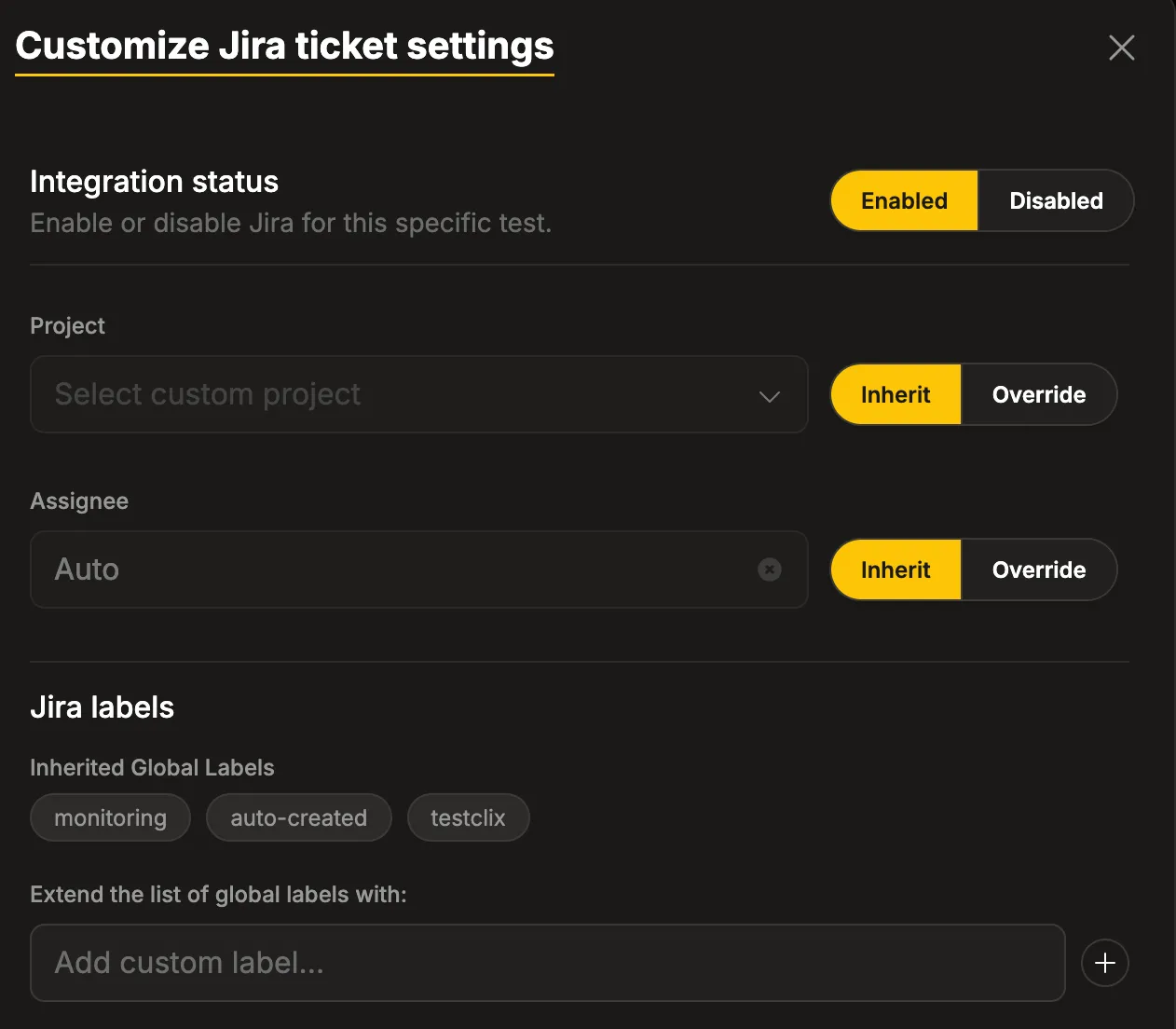 Jira per-test customization panel