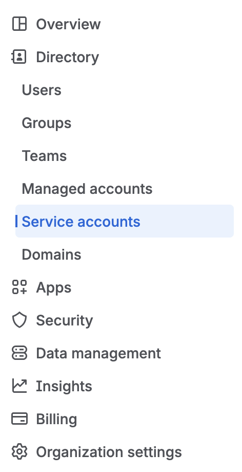 Atlassian Admin sidebar showing Directory and Service accounts