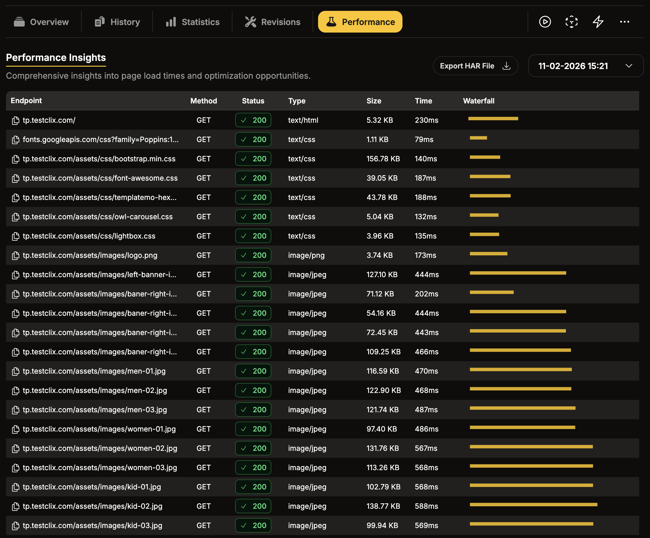 Performance tab with HAR export