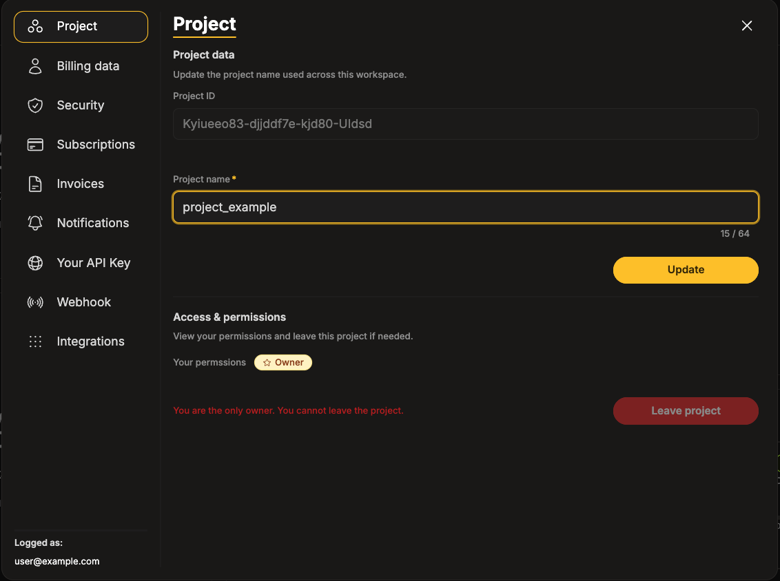 Settings → Project tab with Project data and Access & permissions sections