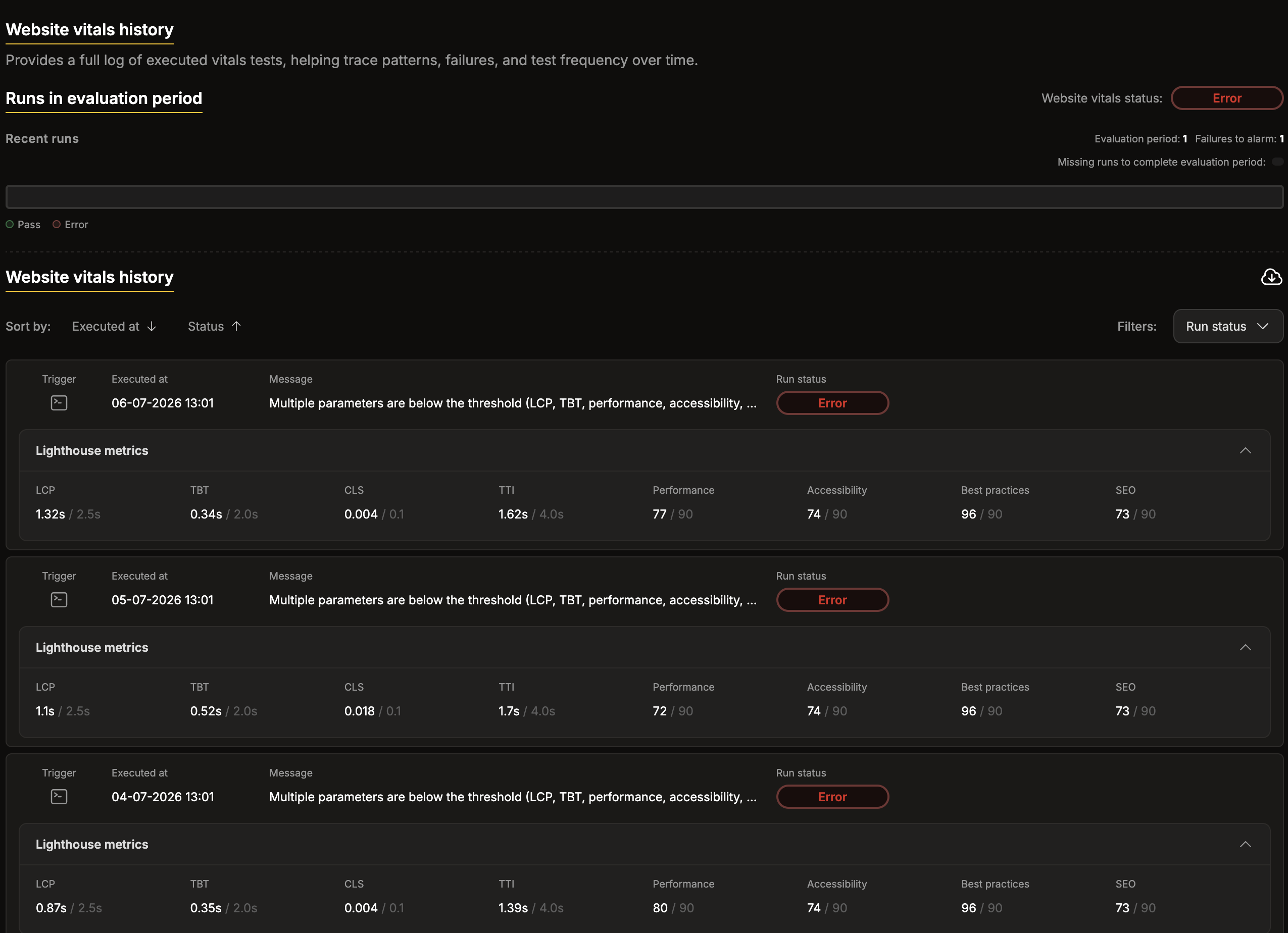 Website vitals history tab showing test runs with metrics and status