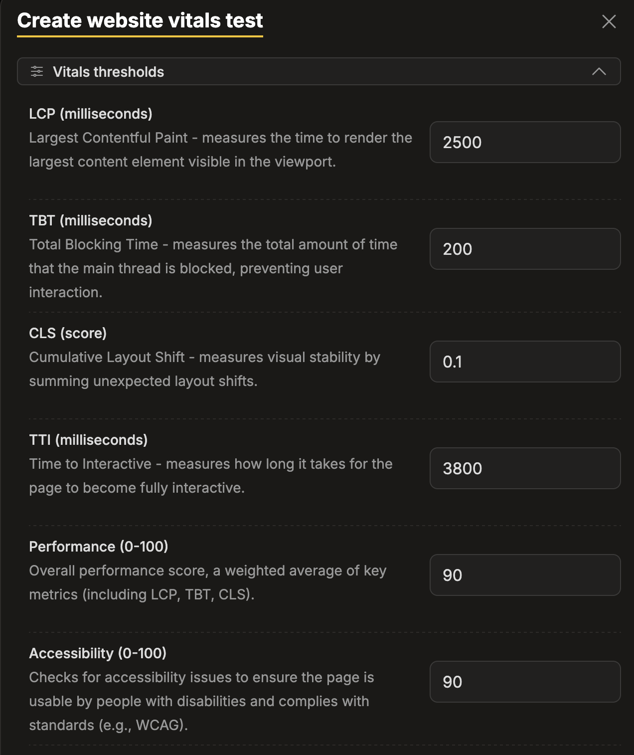 Vitals thresholds configuration panel