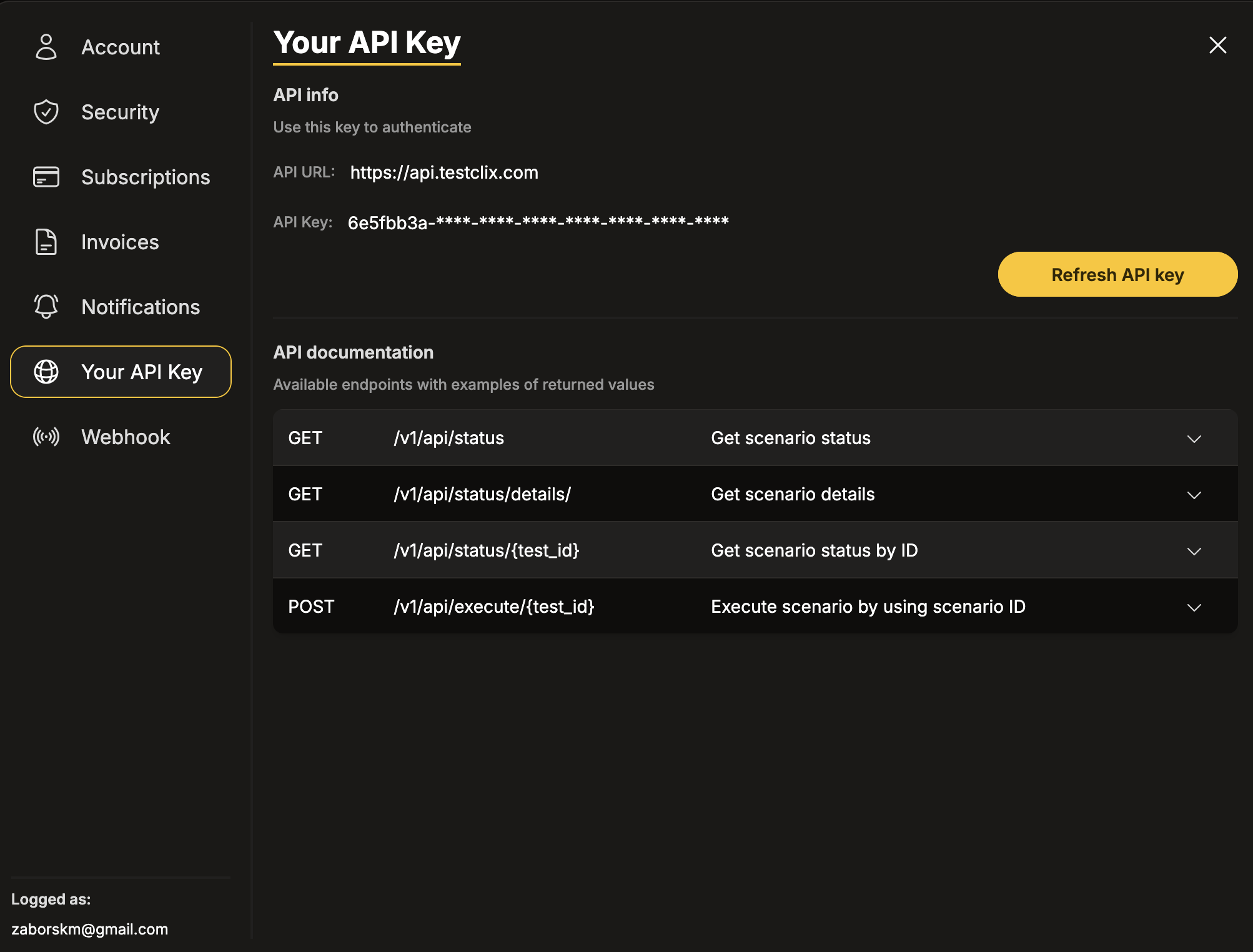 Your API Key panel showing the API URL and key